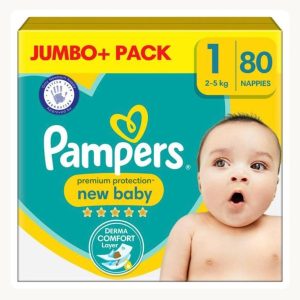 Pampers Premium Protection New Baby Diapers – Size 1 (2–5 kg), Jumbo+ Pack, 80 Nappies